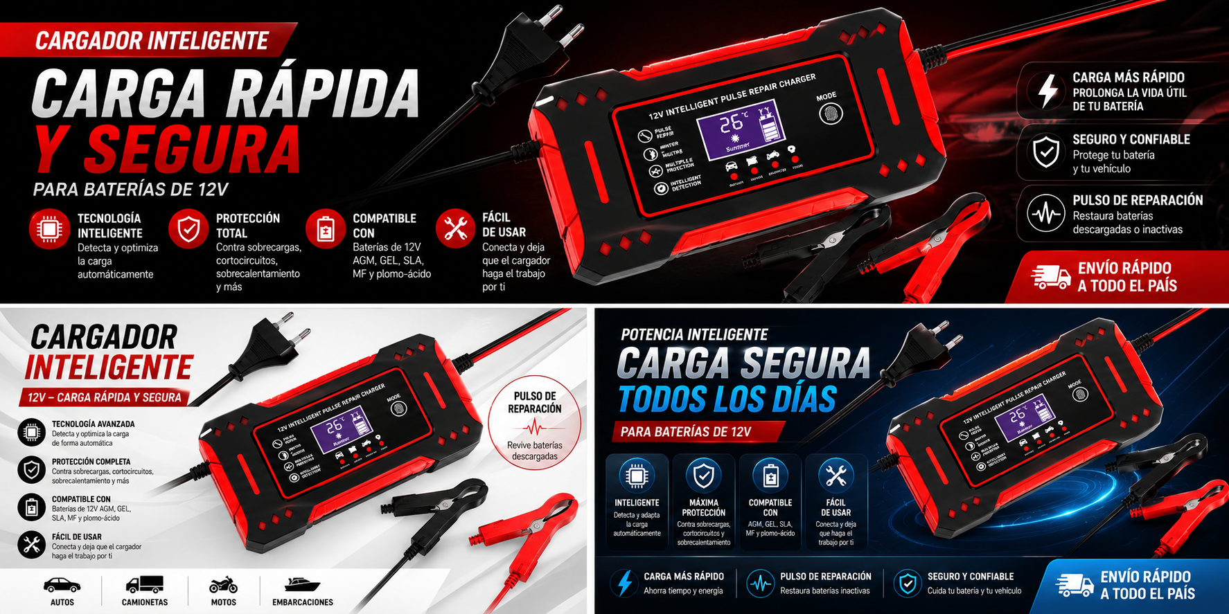 Cargador Inteligente de Batería para Auto 12V 6A – Reparación y Carga Rápida